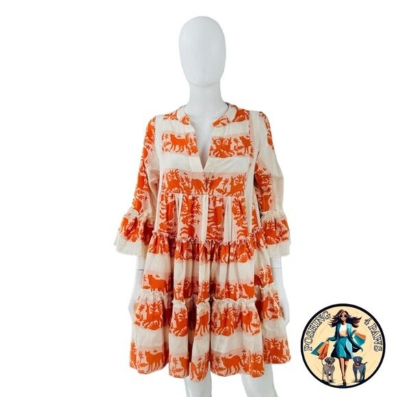 Tuckernuck NEW Kasia Ecru Clio Ruffle Mini Dress in Orange and Ivory Size XS - Picture 3 of 10
